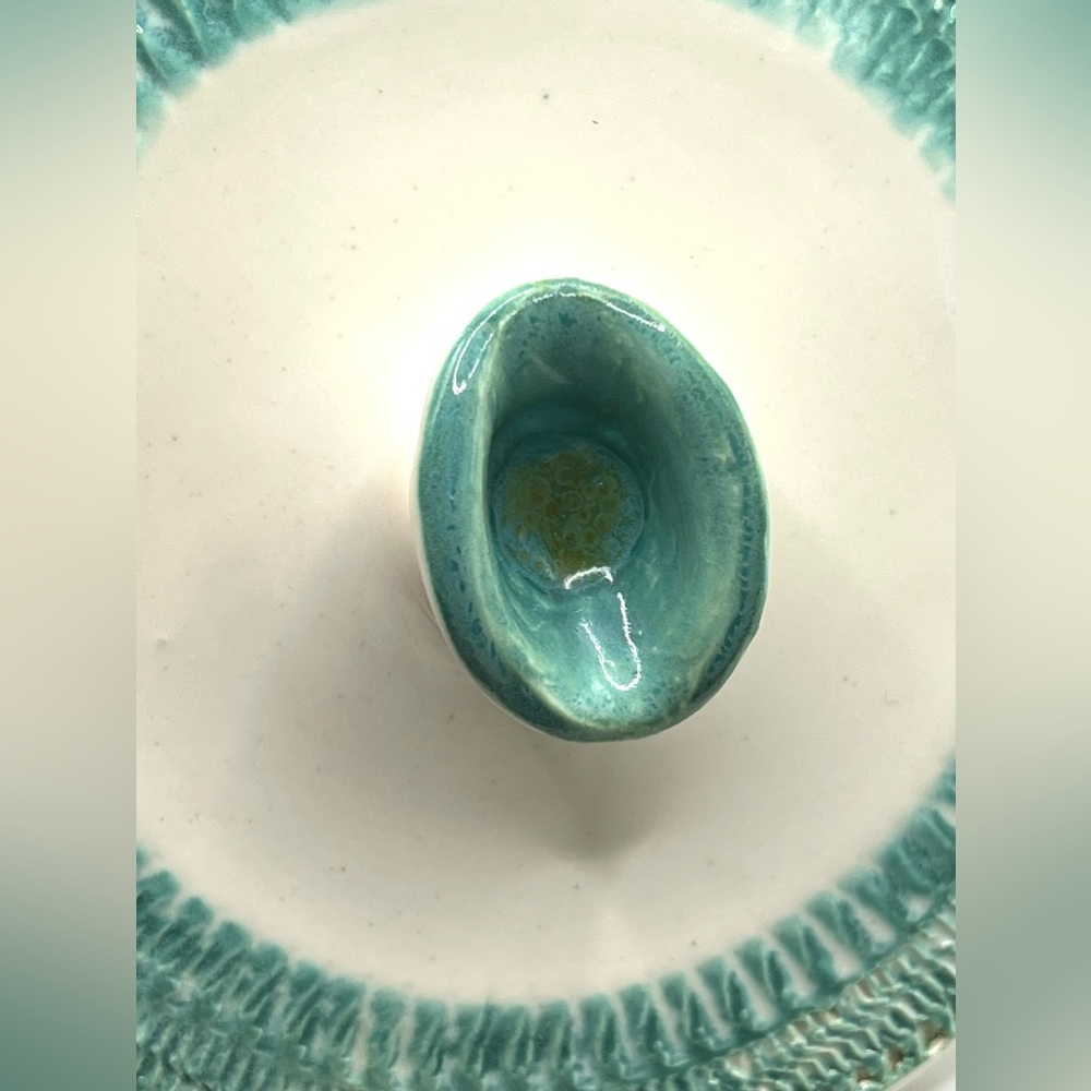 Vintage 1961 Handmade Ceramic Pottery Bowl w/Lid Turquoise/White MCM Signed - Picture 11 of 16